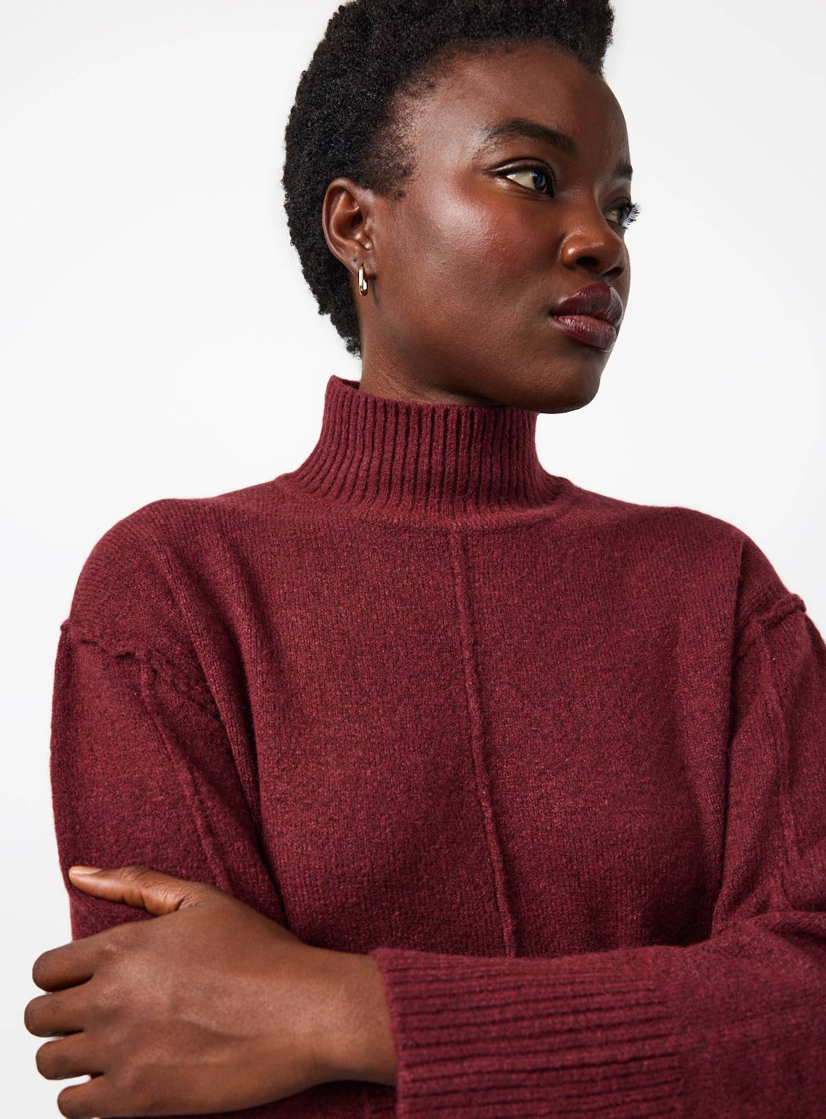Dark Red High Neck Seam Detail Midi Knitted Dress S - Image 2